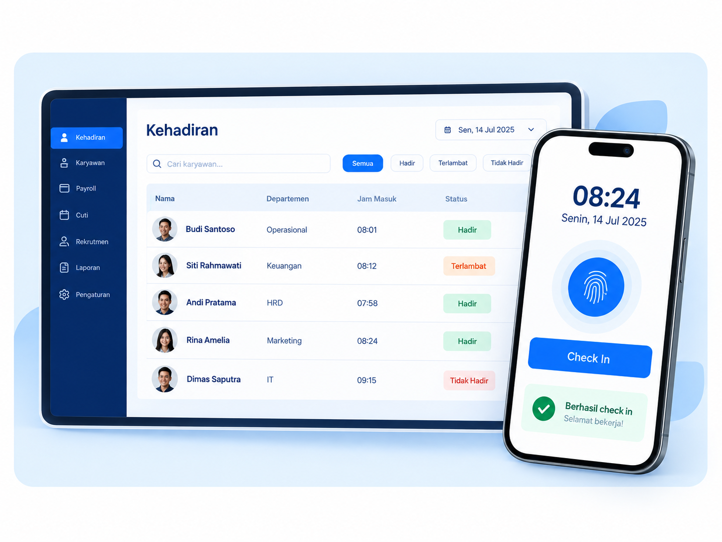 Dashboard kehadiran dan check-in HCIS Cloud